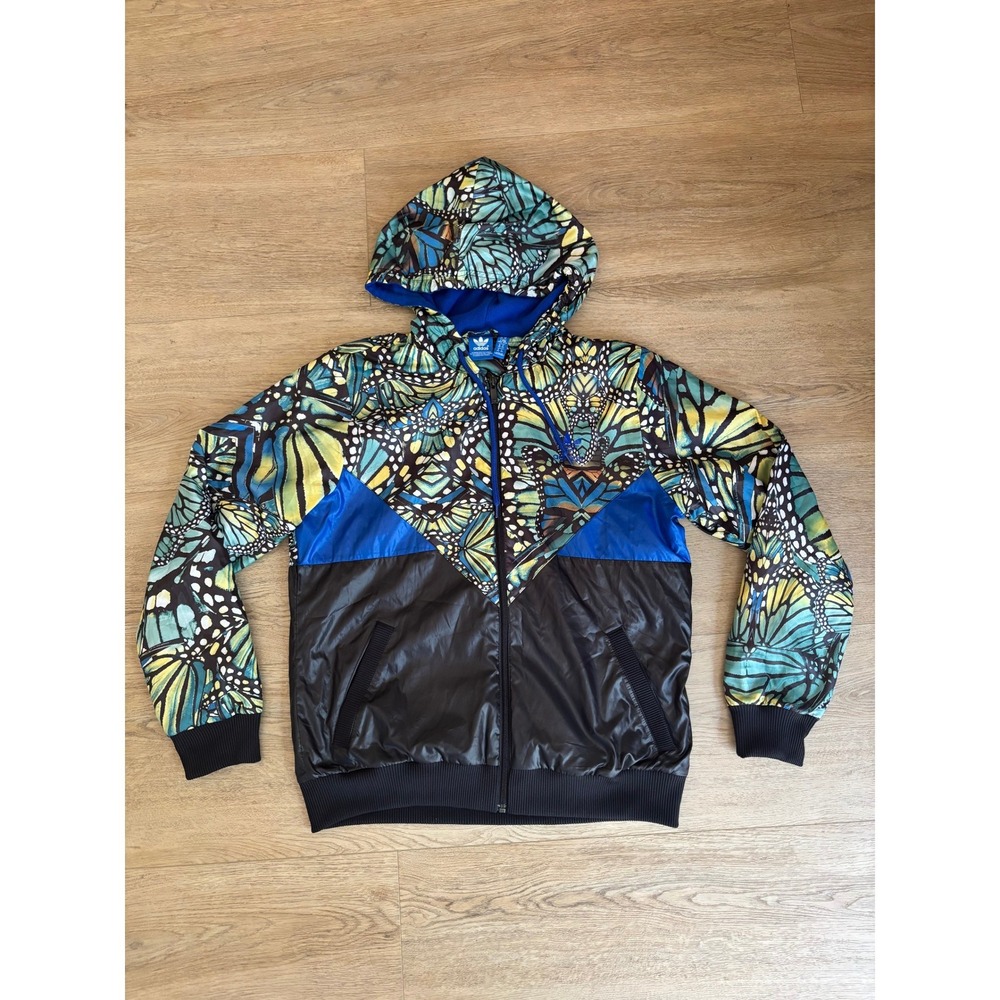 Adidas Originals Butterfly Print Fleece Lined Windbreaker Jacket Blue Black M